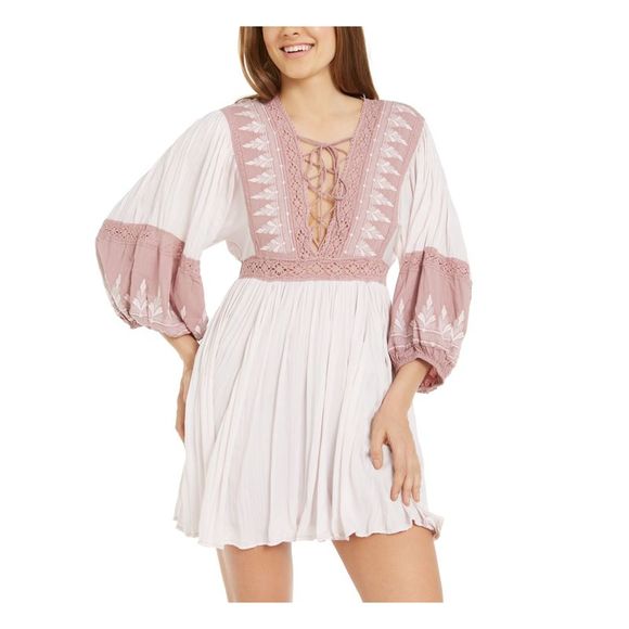 Free People Dresses & Skirts - FREE PEOPLE Womens Pink Bell Sleeve V Neck Mini Evening Trapeze Dress L